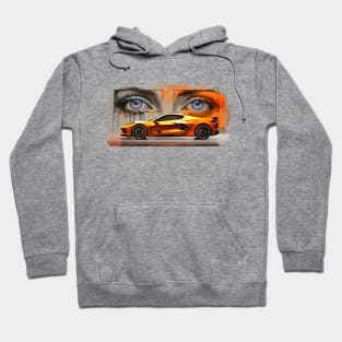 Amplify Orange C8 Corvette Stingray Sebring Orange Supercar in front of a wall of graffiti with blue eyes looking back at you Sports car American Muscle car race car Hoodie